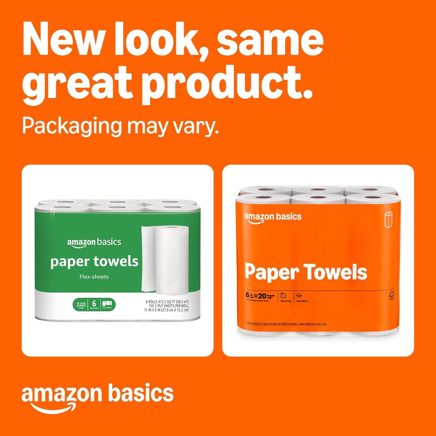 Amazon Basics FSC-Certified 2-Ply Flex-Sheets Paper Towels, 150 Sheets per Roll, 12 Basics Rolls = 32 Regular Rolls - Image 3