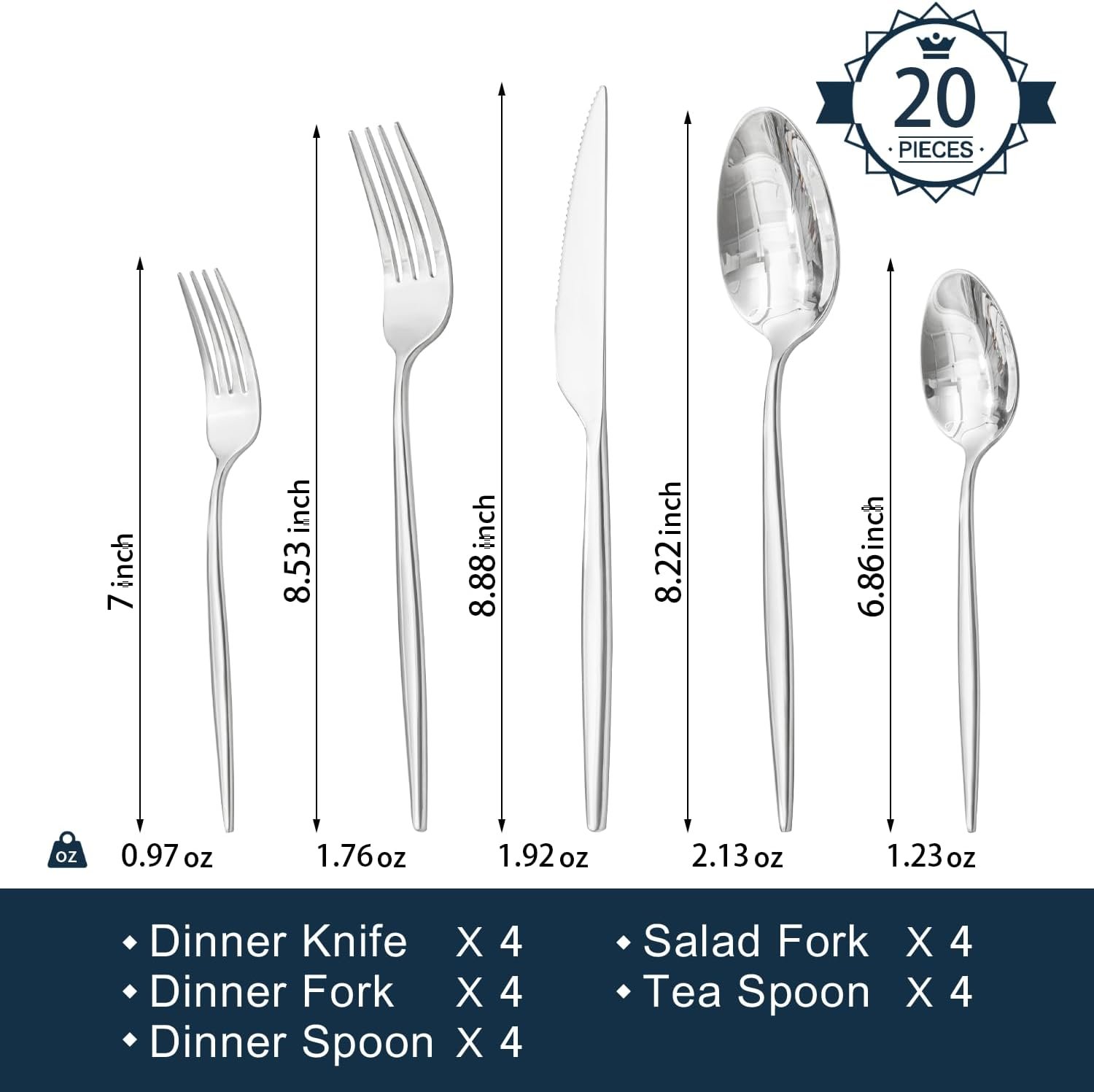KINGSTONE Silverware Set, 20-Piece Flatware Set Cutlery Set Premium 18/10 Stainless Steel, Tableware Include Forks Knives Spoons for Home Kitchen Restaurant Wedding, Dishwasher Safe - Image 3