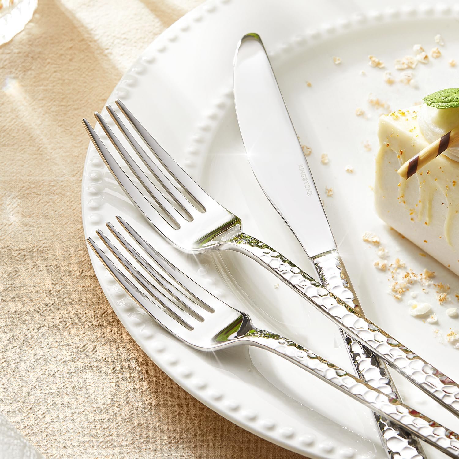 KINGSTONE 20 Piece Hammered Silverware Set, 18/10 Stainless Steel Flatware Set for 4, Cutlery Set for Home, Party, Wedding, Mirror Polished Dishwasher Safe - Image 5