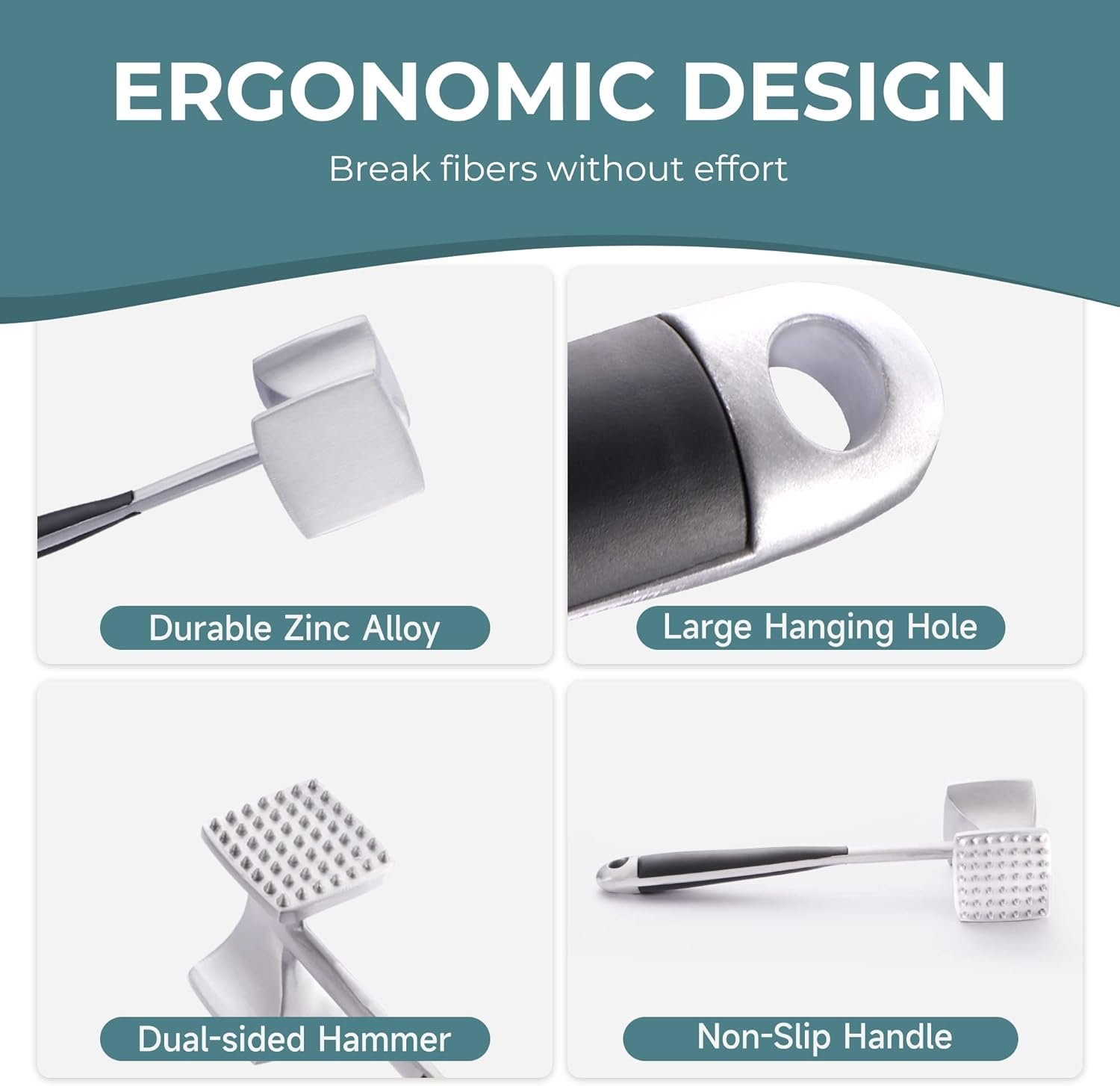 KITEXPERT Meat Tenderizer Hammer with Comfortable-Grip Handle, Dual-side Mallet for Kitchen, Heavy Duty Pounder For Tenderizing Steak, Beef and Fish - Image 5