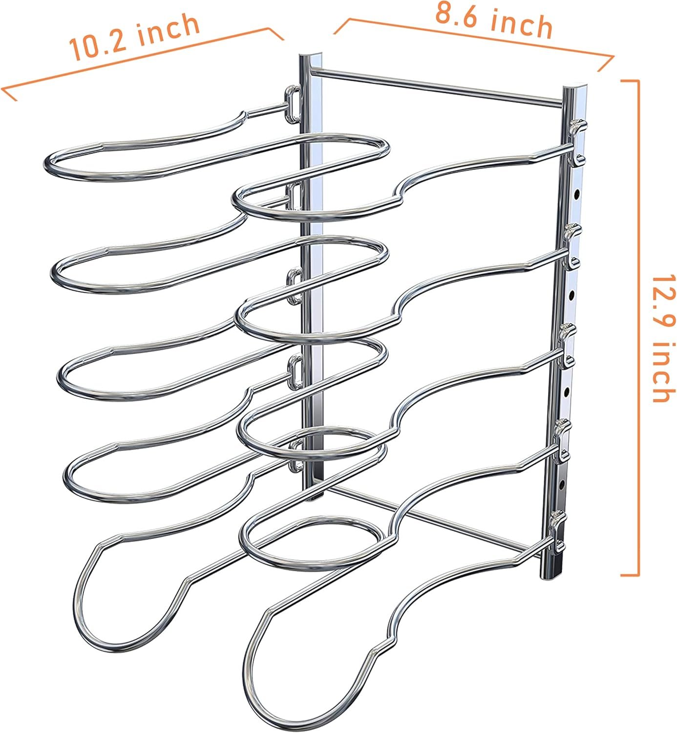 CAXXA Heavy Duty Pan Rack, Pot Lid Rack, Kitchen Cabinet Pantry Cookware Organizer Rack Holder with 5 Adjustable Dividers, Chrome - Image 3