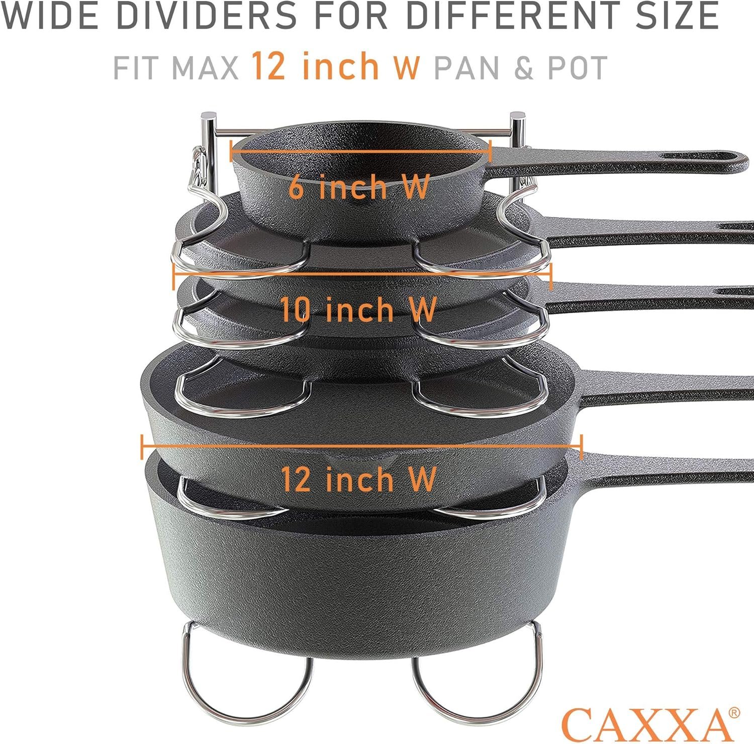 CAXXA Heavy Duty Pan Rack, Pot Lid Rack, Kitchen Cabinet Pantry Cookware Organizer Rack Holder with 5 Adjustable Dividers, Chrome - Image 4