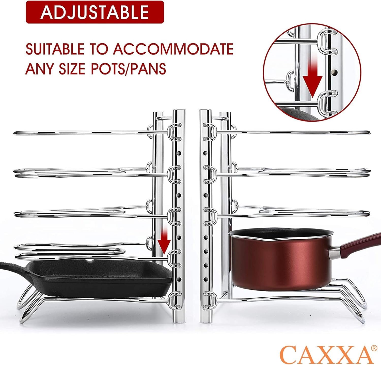 CAXXA Heavy Duty Pan Rack, Pot Lid Rack, Kitchen Cabinet Pantry Cookware Organizer Rack Holder with 5 Adjustable Dividers, Chrome - Image 5