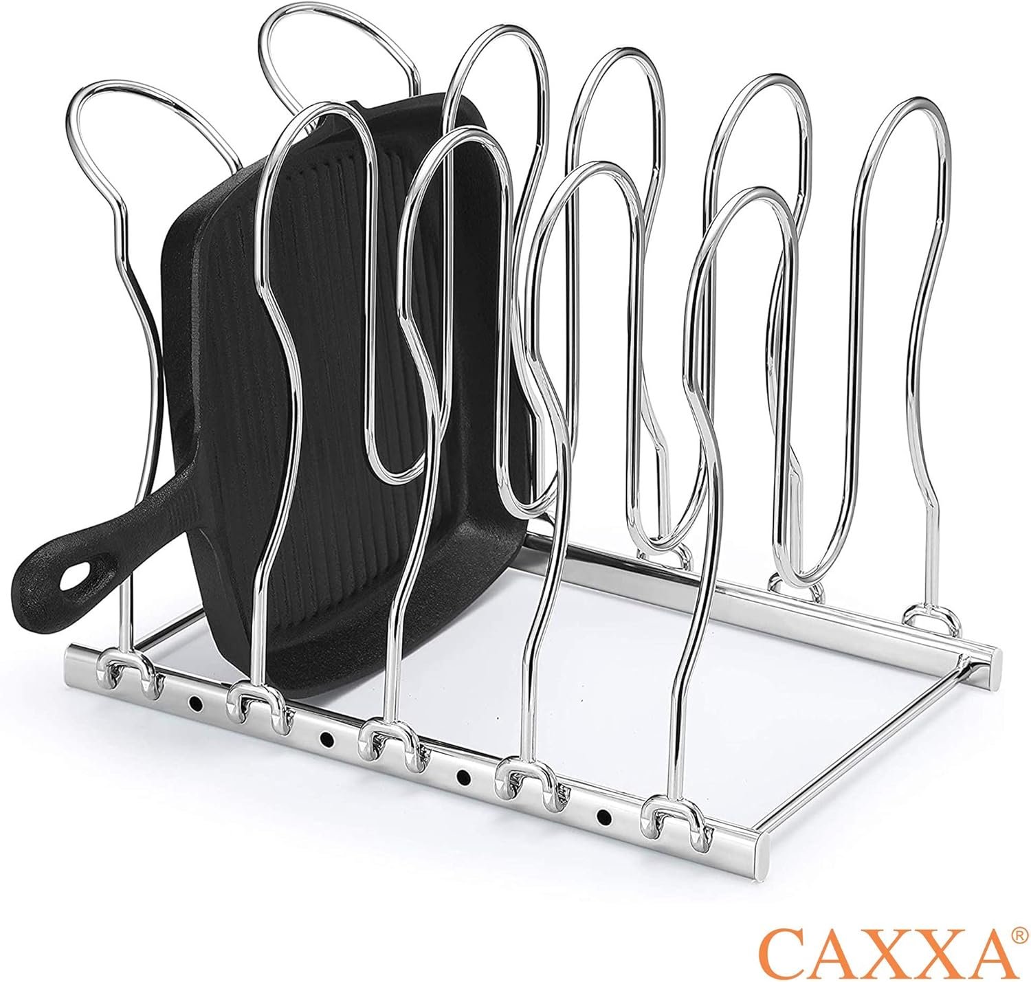CAXXA Heavy Duty Pan Rack, Pot Lid Rack, Kitchen Cabinet Pantry Cookware Organizer Rack Holder with 5 Adjustable Dividers, Chrome - Image 7