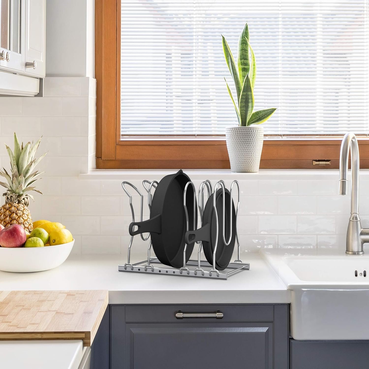 CAXXA Heavy Duty Pan Rack, Pot Lid Rack, Kitchen Cabinet Pantry Cookware Organizer Rack Holder with 5 Adjustable Dividers, Chrome - Image 9