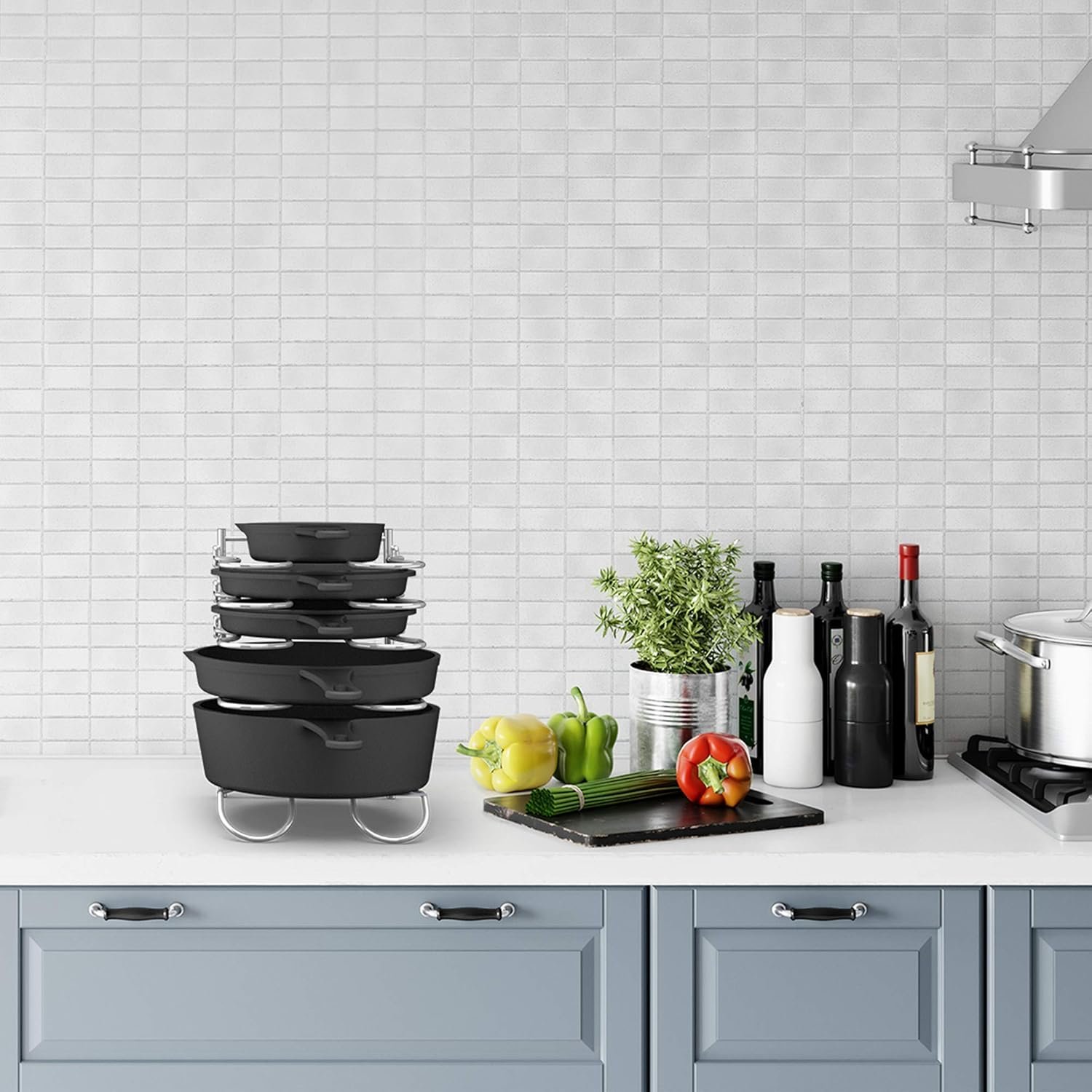 CAXXA Heavy Duty Pan Rack, Pot Lid Rack, Kitchen Cabinet Pantry Cookware Organizer Rack Holder with 5 Adjustable Dividers, Chrome - Image 10