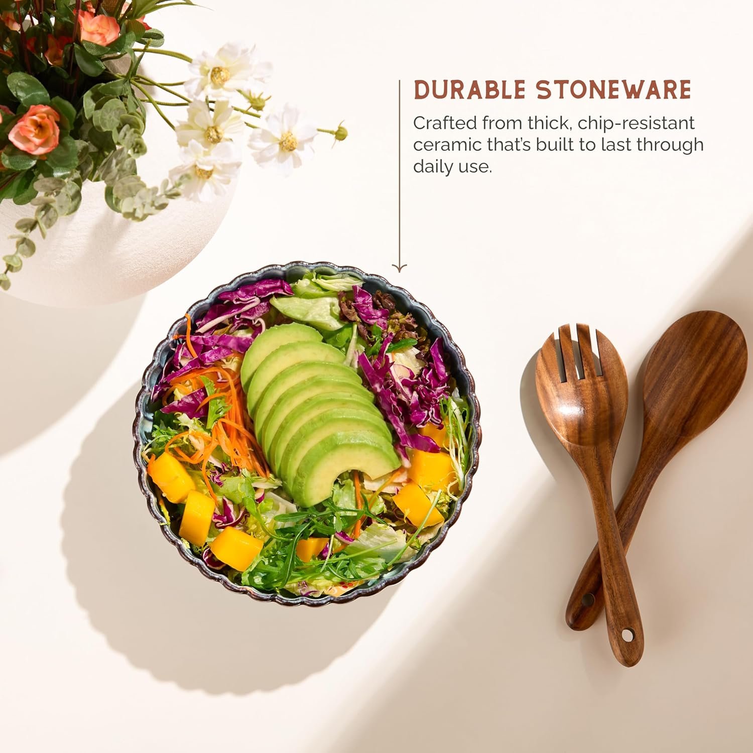 Serving Bowls, Durable Ceramic, Large, Microwave and Dishwasher Safe, Scalloped Shell Shape, Ombre Blue, 70 oz, Set of 2, Tidal Collection - Image 6