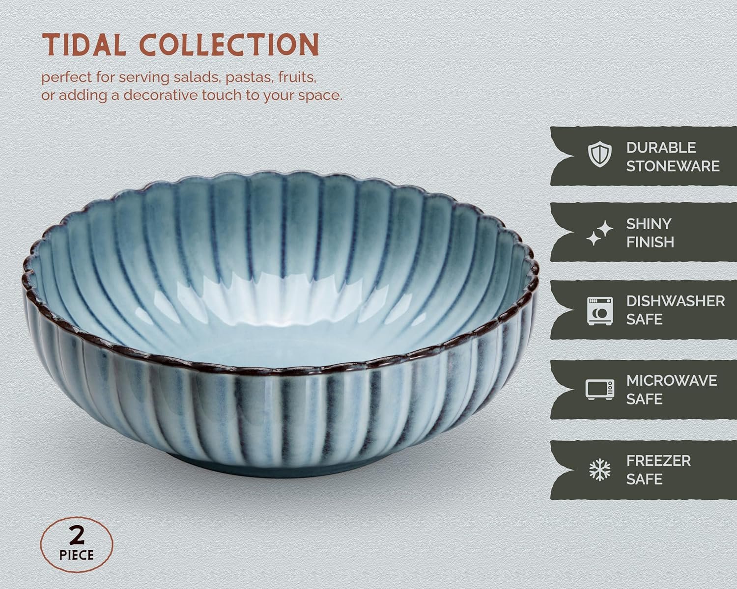 Serving Bowls, Durable Ceramic, Large, Microwave and Dishwasher Safe, Scalloped Shell Shape, Ombre Blue, 70 oz, Set of 2, Tidal Collection - Image 8