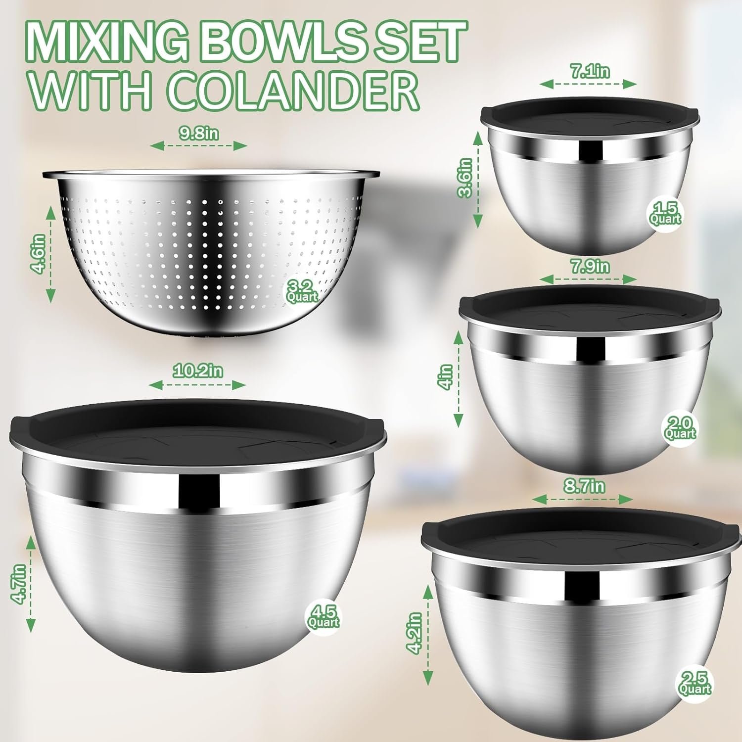 Mixing Bowls with Lids Set, Stainless Steel Mixing Bowls with Colander, Strainer with Mixing Bowl Set, Kitchen Gadgets Bowl Christams Gift, Size 4.5, 2.5, 2, 1.5QT - Black - Image 3