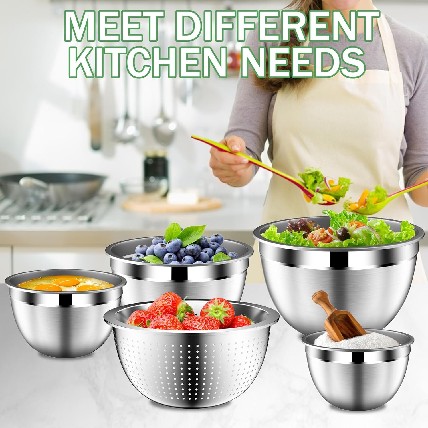 Mixing Bowls with Lids Set, Stainless Steel Mixing Bowls with Colander, Strainer with Mixing Bowl Set, Kitchen Gadgets Bowl Christams Gift, Size 4.5, 2.5, 2, 1.5QT - Black - Image 8