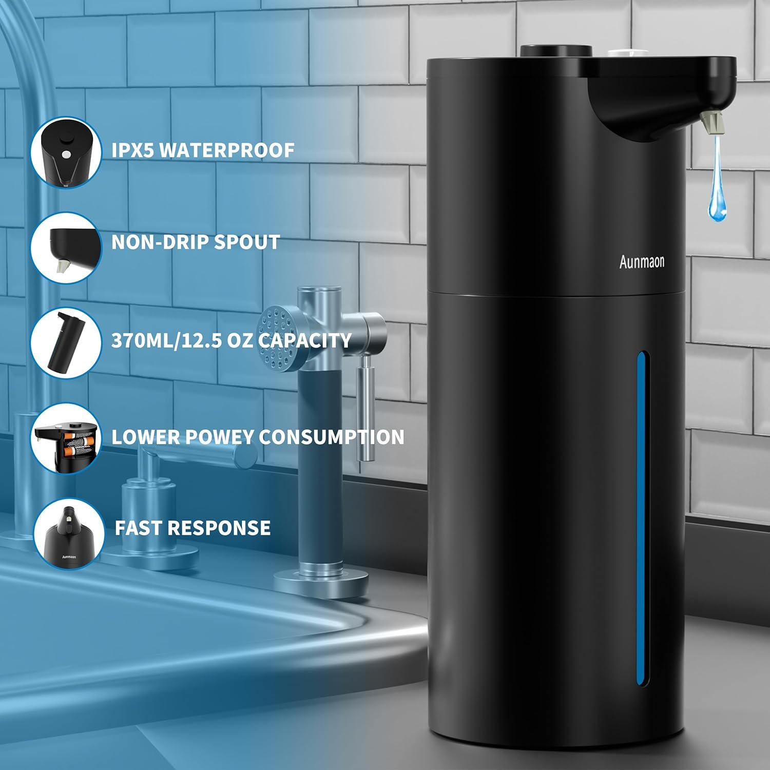 Aunmaon Automatic Soap Dispenser Touchless, Hands-Free, Multi Adjustable Volume, Long Battery Life, Compatible with Thick & Thin Dish/Hand Soap for Bathroom and Kitchen, Easy for Toddlers, Black - Image 5