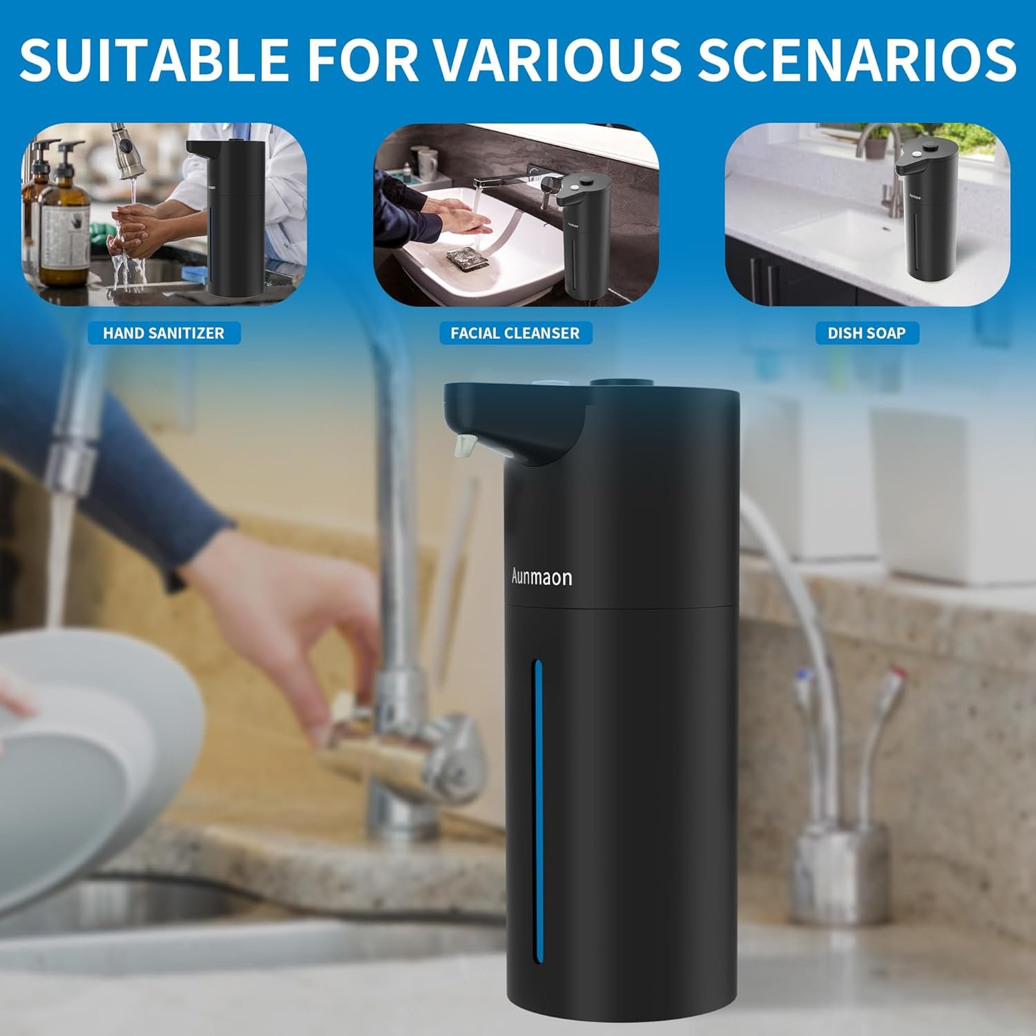 Aunmaon Automatic Soap Dispenser Touchless, Hands-Free, Multi Adjustable Volume, Long Battery Life, Compatible with Thick & Thin Dish/Hand Soap for Bathroom and Kitchen, Easy for Toddlers, Black - Image 8