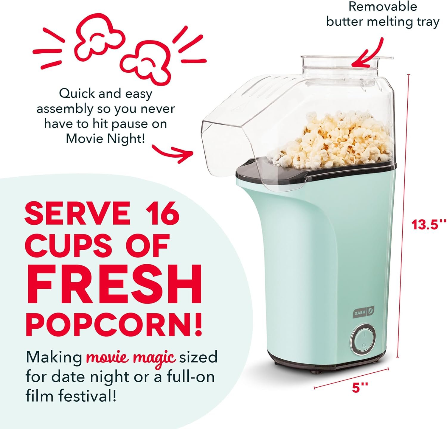 DASH Fresh Pop Popcorn Maker - Oil-Free, Air Popcorn Popper - With Measuring Cup & Recipe Guide - Perfect for Movie Nights - 16 Cups, Aqua - Image 4