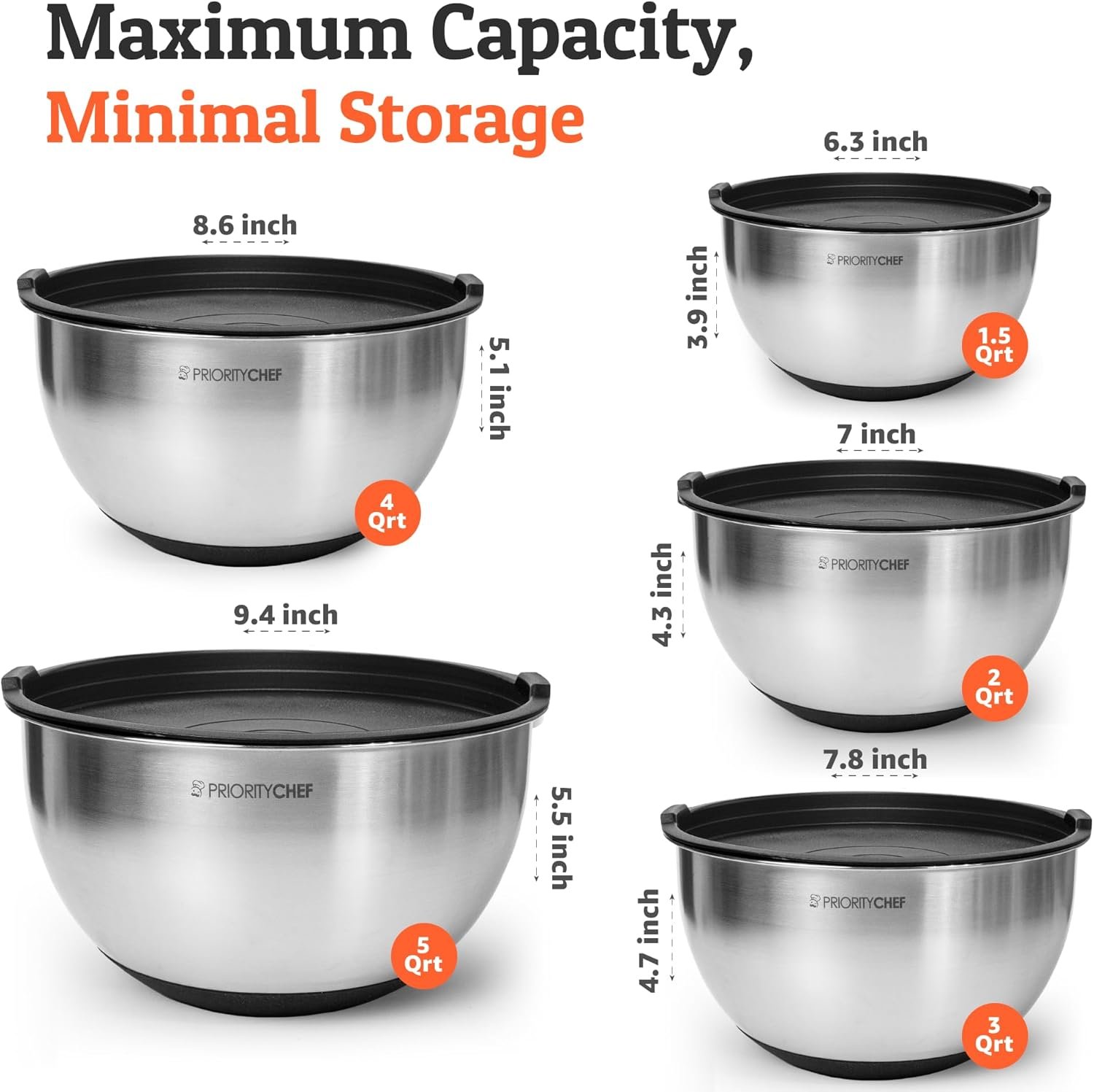 Priority Chef Premium Mixing Bowls With Lids Set, Airtight Lids, Thicker Stainless Steel, Non-Slip Base, 5 Nesting Steel Bowls for Kitchen, Large Prep Metal Bowl Set 1.5/2/3/4/5 Qt, Black - Image 4