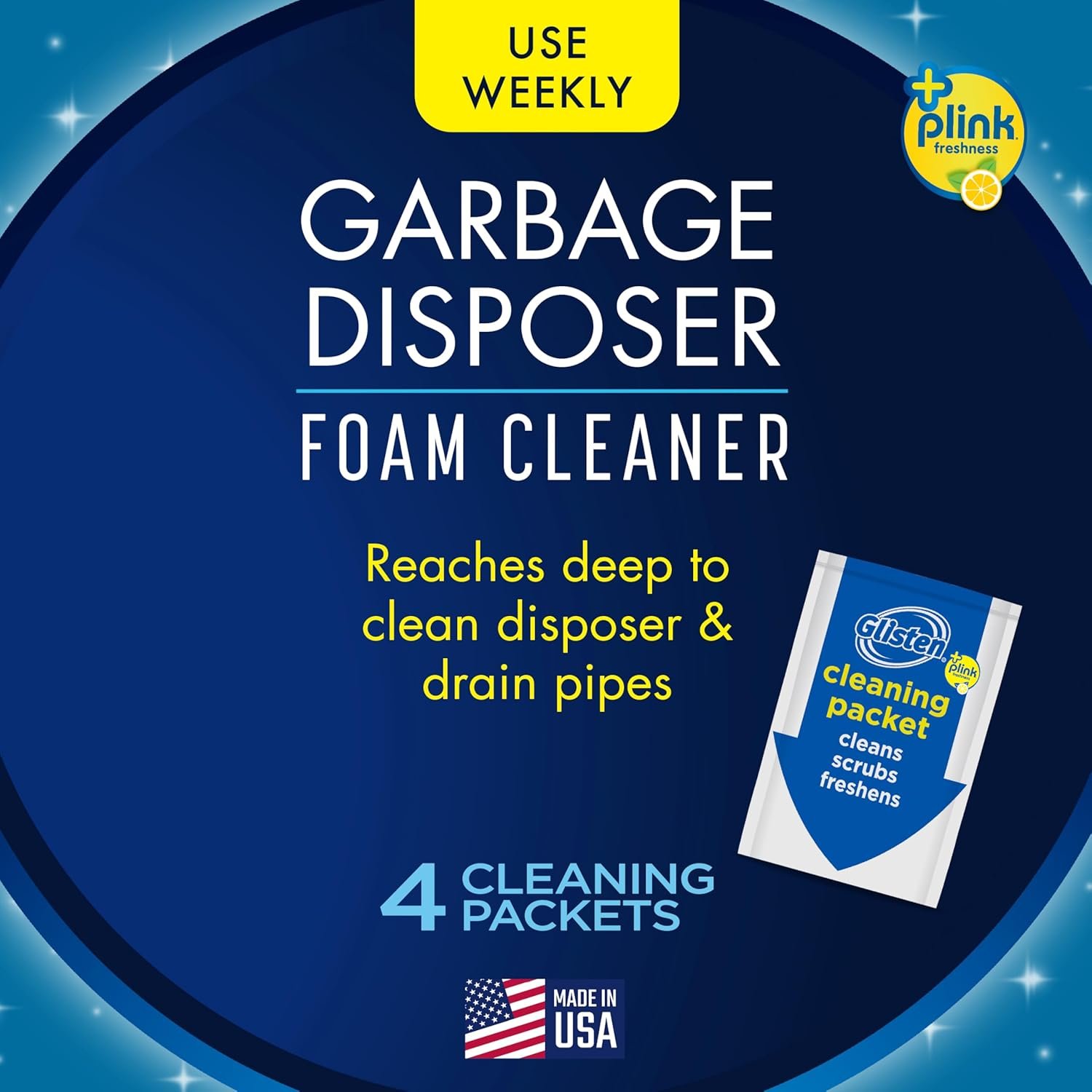 Glisten Garbage Disposer Cleaner and Freshener, Sink Disposal Odor Eliminator with Foaming Action, Lemon Scent, Made in the USA, 4 Packets - Image 3