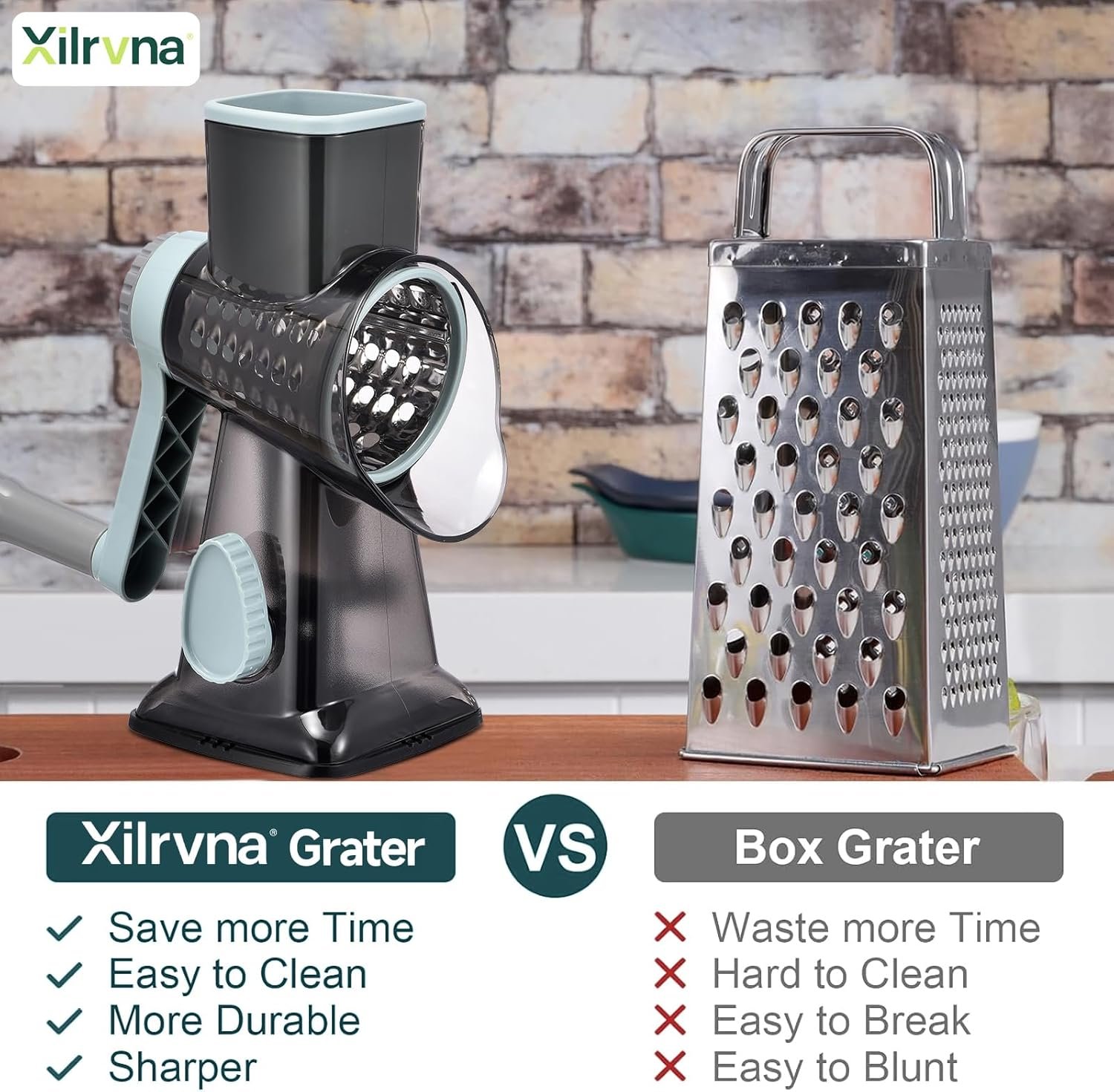 Rotary Cheese Grater with Handle Kitchen Shredder Slicer Grater Slicer Ice Shaver Cheese Vegetable Nuts Potato Zucchini Chocolate 3 Interchangeable Blades (GreyBlue - Image 3