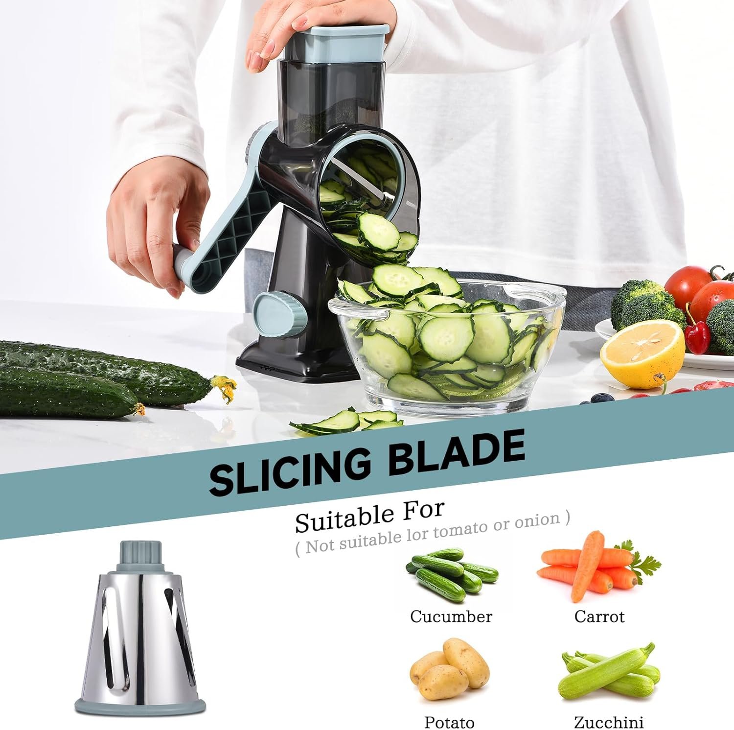 Rotary Cheese Grater with Handle Kitchen Shredder Slicer Grater Slicer Ice Shaver Cheese Vegetable Nuts Potato Zucchini Chocolate 3 Interchangeable Blades (GreyBlue - Image 5