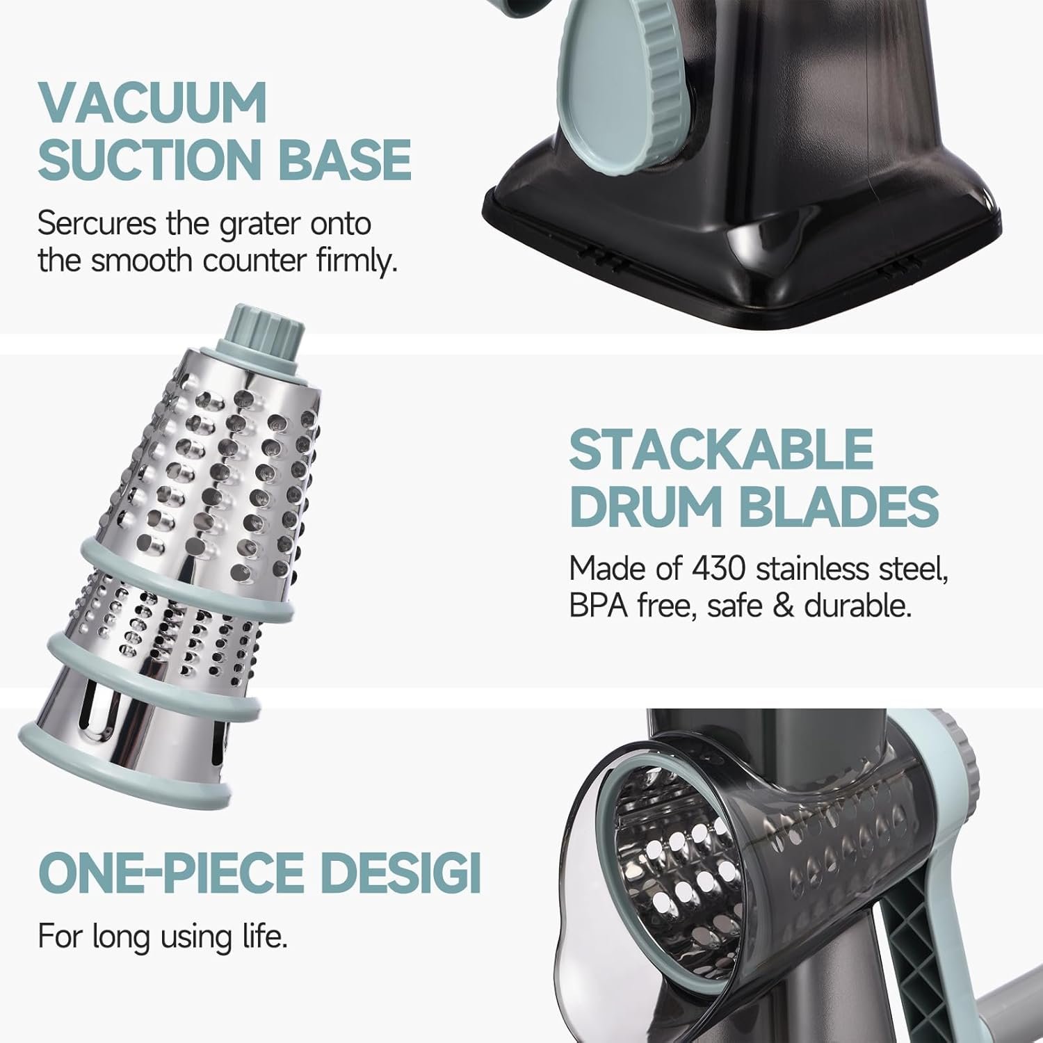 Rotary Cheese Grater with Handle Kitchen Shredder Slicer Grater Slicer Ice Shaver Cheese Vegetable Nuts Potato Zucchini Chocolate 3 Interchangeable Blades (GreyBlue - Image 7