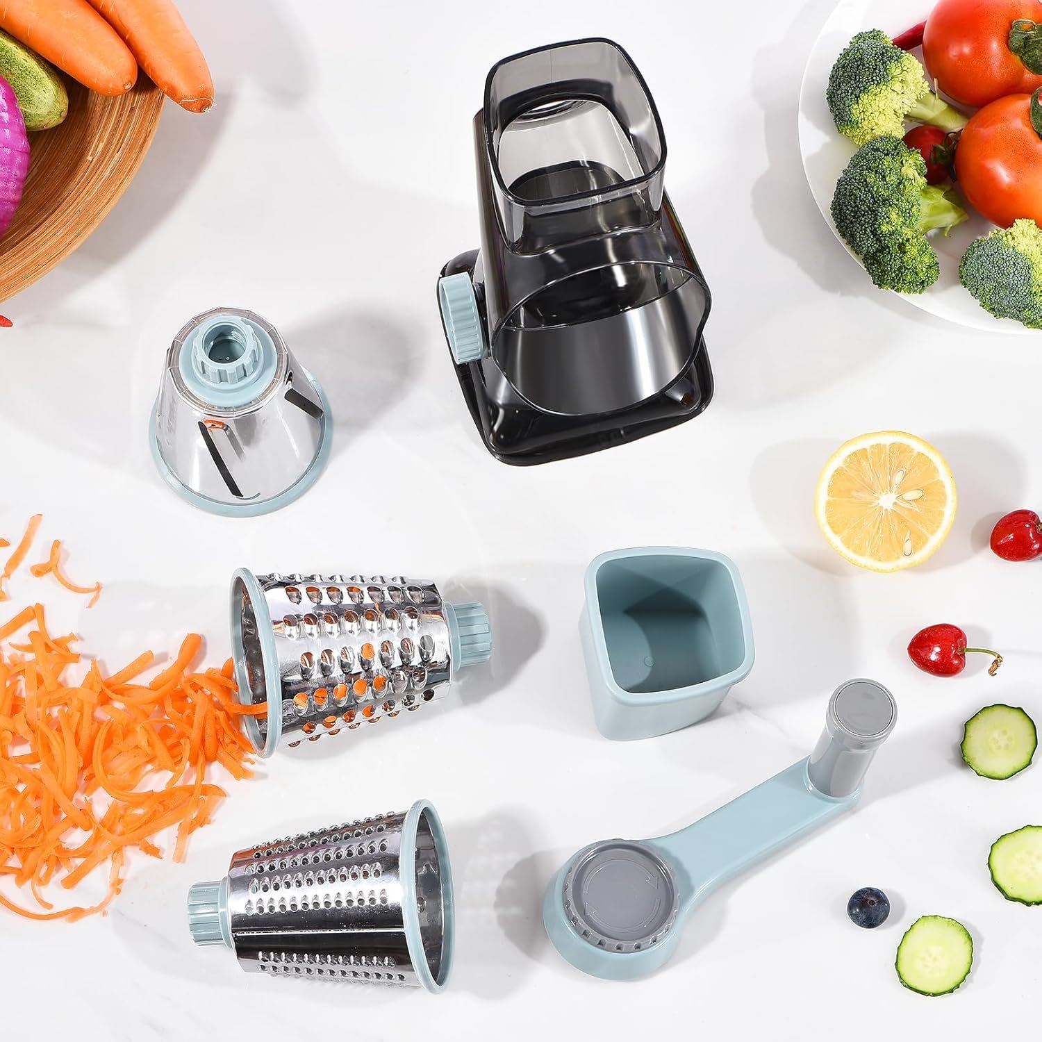 Rotary Cheese Grater with Handle Kitchen Shredder Slicer Grater Slicer Ice Shaver Cheese Vegetable Nuts Potato Zucchini Chocolate 3 Interchangeable Blades (GreyBlue - Image 9