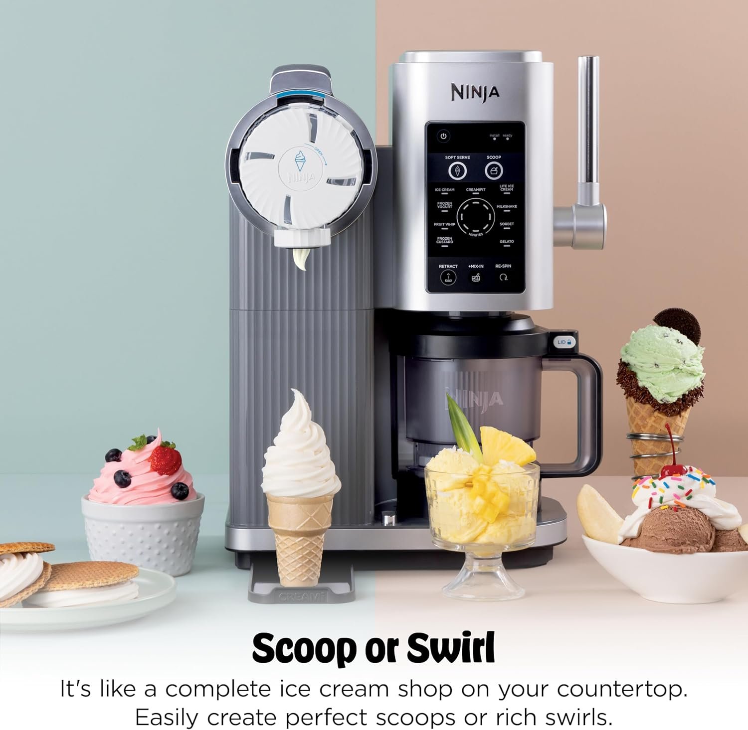 Ninja CREAMi Scoop & Swirl Ice Cream Maker, Soft Serve Desserts, Sorbet, Milkshakes, Frozen Yogurt and More, 13-in-1 Programs, Includes Handle and Two 16 oz 2-in-1 Pints, NC701 - Image 7