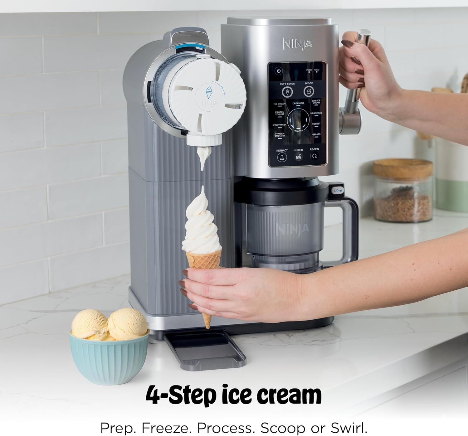 Ninja CREAMi Scoop & Swirl Ice Cream Maker, Soft Serve Desserts, Sorbet, Milkshakes, Frozen Yogurt and More, 13-in-1 Programs, Includes Handle and Two 16 oz 2-in-1 Pints, NC701 - Image 11