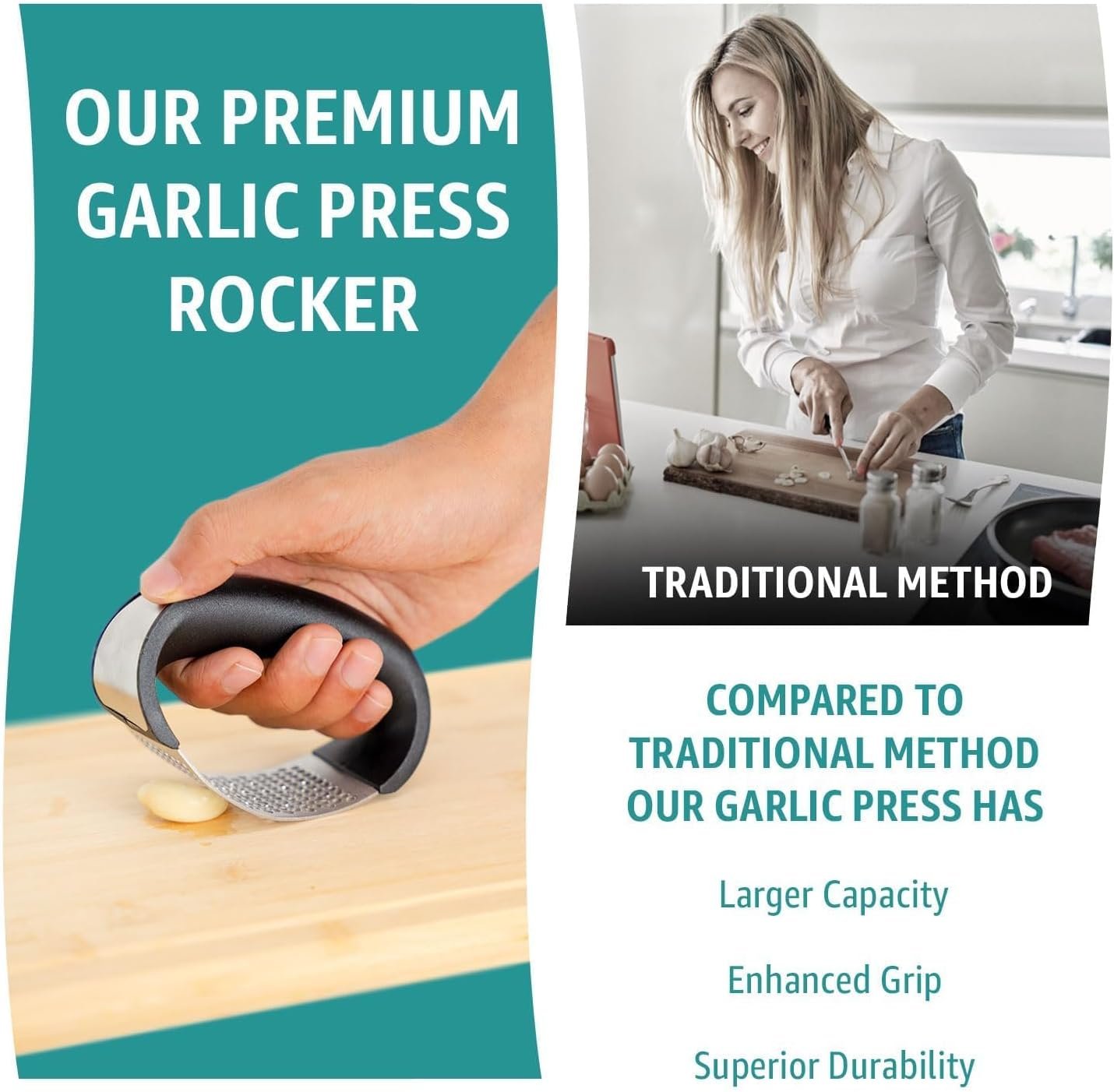 Garlic press rocker, crusher, mincer tool stainless steel with a Garlic Peeler, spatula, and Brush extract more Garlic Paste. The Garlic Mincer Tool Squeezes, Extracts, Crushes - Image 3