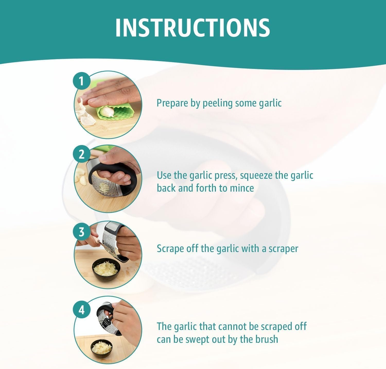 Garlic press rocker, crusher, mincer tool stainless steel with a Garlic Peeler, spatula, and Brush extract more Garlic Paste. The Garlic Mincer Tool Squeezes, Extracts, Crushes - Image 5