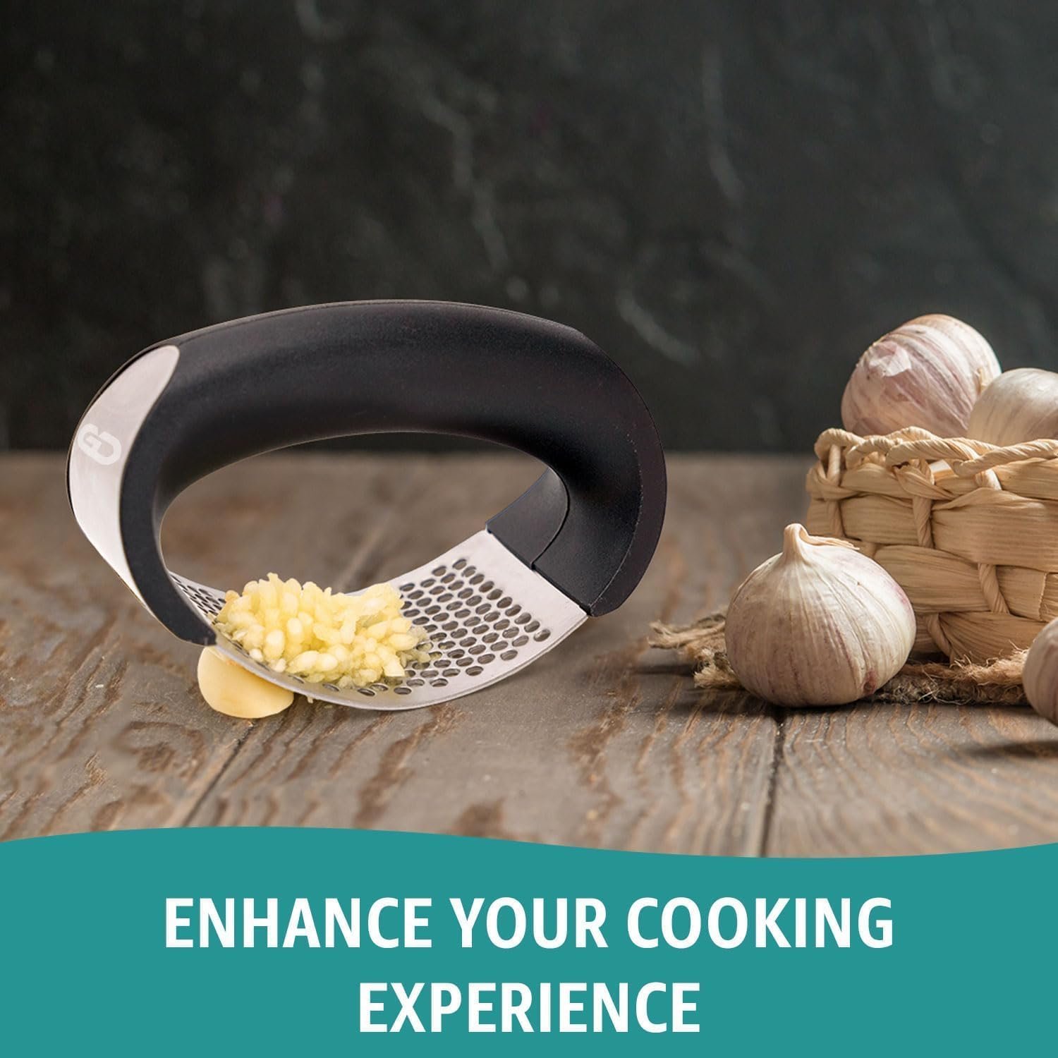 Garlic press rocker, crusher, mincer tool stainless steel with a Garlic Peeler, spatula, and Brush extract more Garlic Paste. The Garlic Mincer Tool Squeezes, Extracts, Crushes - Image 6