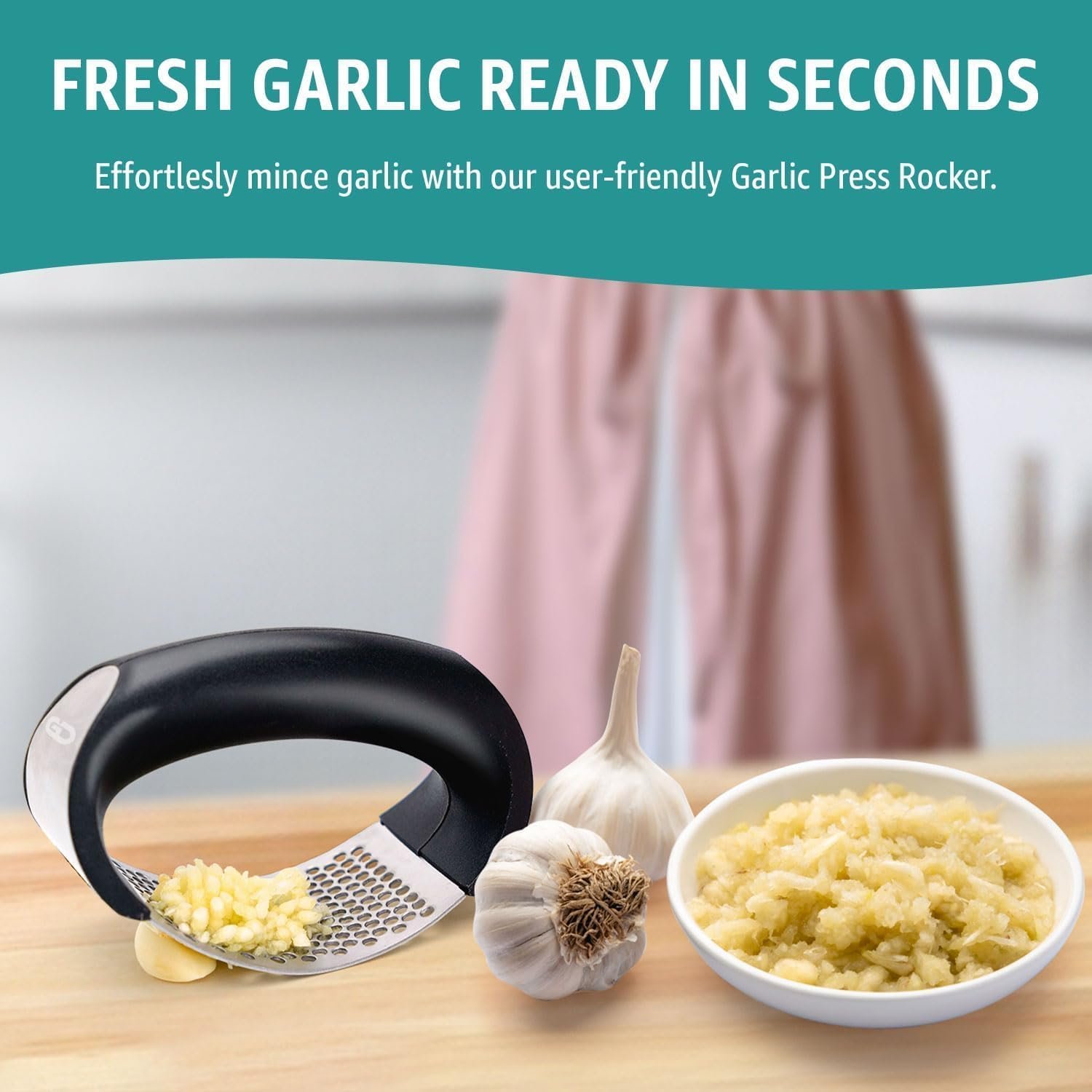 Garlic press rocker, crusher, mincer tool stainless steel with a Garlic Peeler, spatula, and Brush extract more Garlic Paste. The Garlic Mincer Tool Squeezes, Extracts, Crushes - Image 8