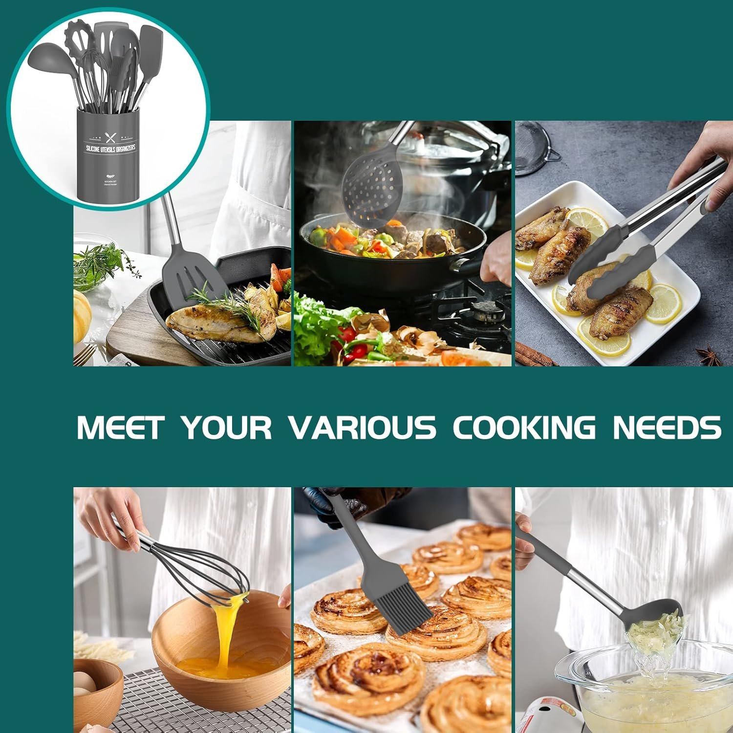 Stainless Steel Kitchen Cooking Utensil Set, Umite Chef 15 pcs Cooking Utensils - Nonstick Kitchen Utensils Cookware Set Spatula Set -Kitchen Gadgets Utensils Set, Kitchen Tools Gift (Gray) - Image 5