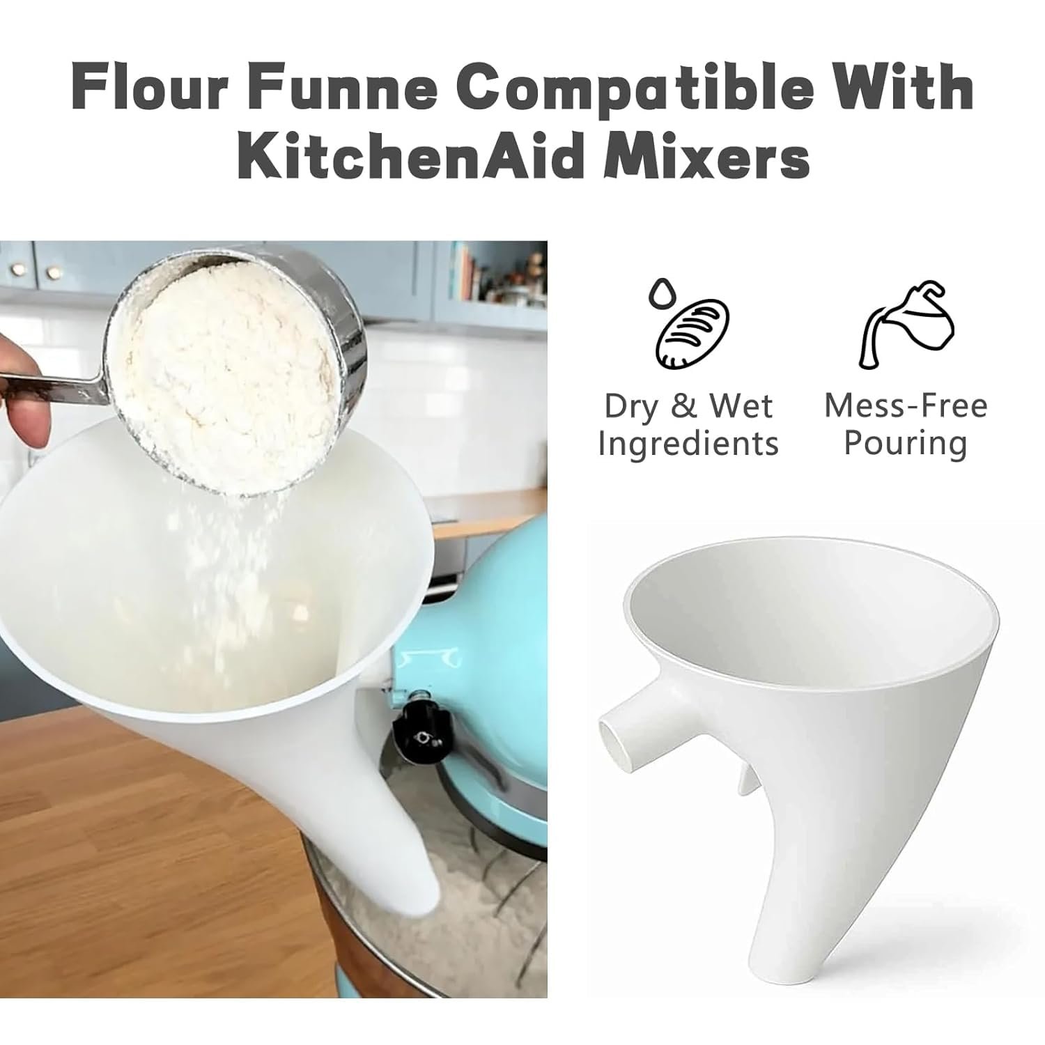 2026 New Flour Funnel for Ktichen Aid Mixer, Easy-Pour Funnel for Dry and Wet Ingredients Like Flour, Sugar and Eggs, Prevents Overflow and Mess for Clean Kitchen Counter, Easy to Clean (White) - Image 5
