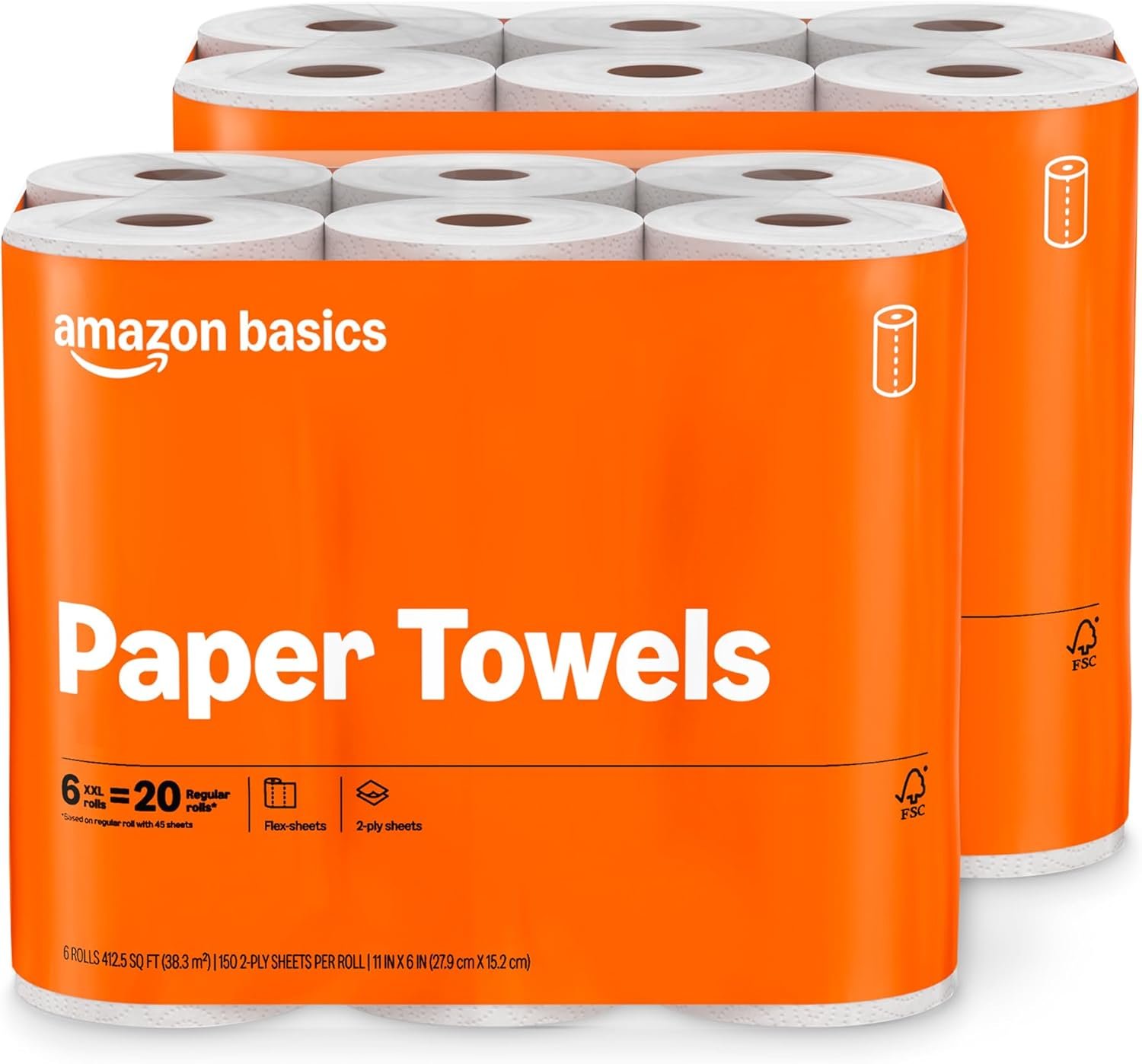Amazon Basics FSC-Certified 2-Ply Flex-Sheets Paper Towels, 150 Sheets per Roll, 12 Basics Rolls = 32 Regular Rolls - Image 2
