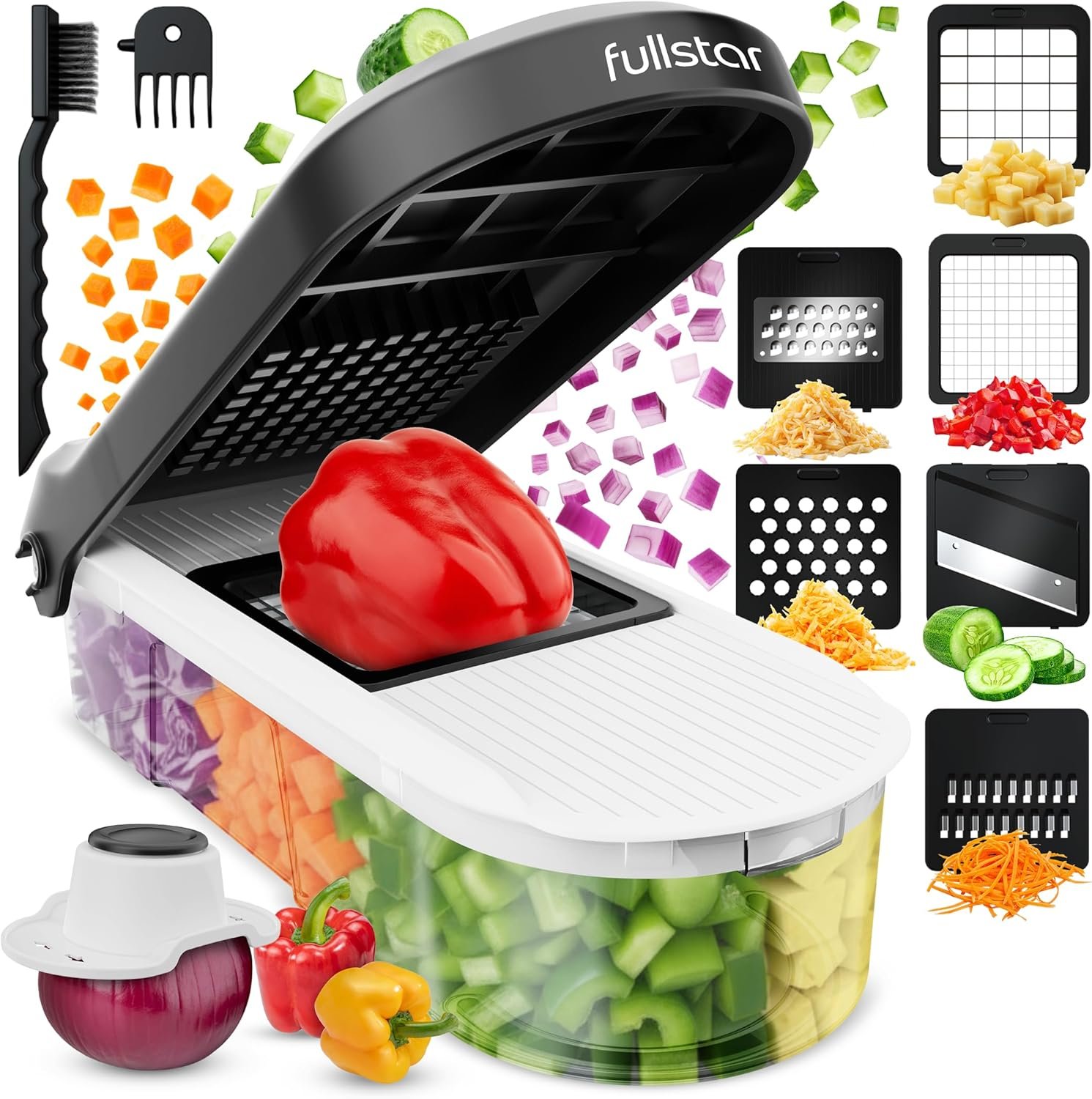 Fullstar Mandoline Slicer for Kitchen - Vegetable Chopper, Onion Potato Food Veggie Fruit Slicer and Cutter with Container, Kitchen Gadgets & Gifts, Home Essentials (6-in-1, White/Black) - Image 2