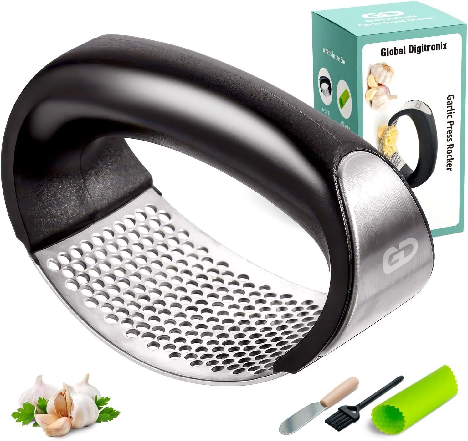 Garlic press rocker, crusher, mincer tool stainless steel with a Garlic Peeler, spatula, and Brush extract more Garlic Paste. The Garlic Mincer Tool Squeezes, Extracts, Crushes - Image 2