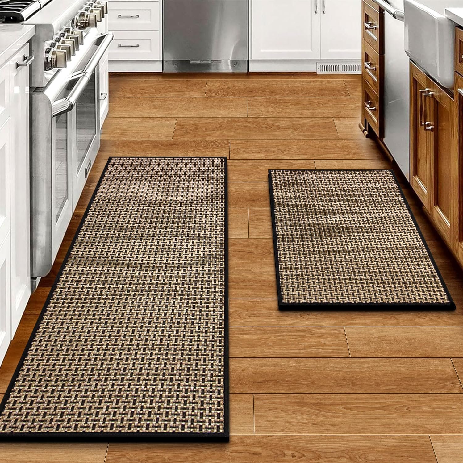Kitchen Rugs and Mats Non Skid Washable Set of 2 PCS, Absorbent Runner Rugs for Kitchen, Front of Sink, Kitchen Mats for Floor, 17.3"x 47"+17.3"x 29" (Black) - Image 2