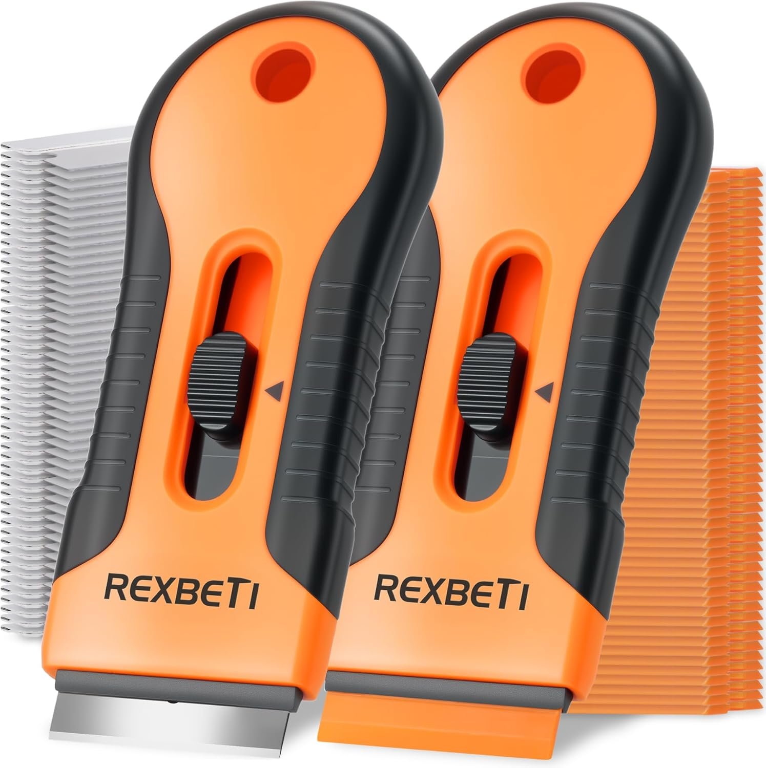 REXBETI Razor Blade Scraper Tool, 2 Pack Razor Scraper Set with Extra 80Pcs Razor Blades -30Pcs Metal and 50Pcs Plastic Blades, Cleaning Scraper Tool, Cooktop, Paint, Glass Scraper - Image 2