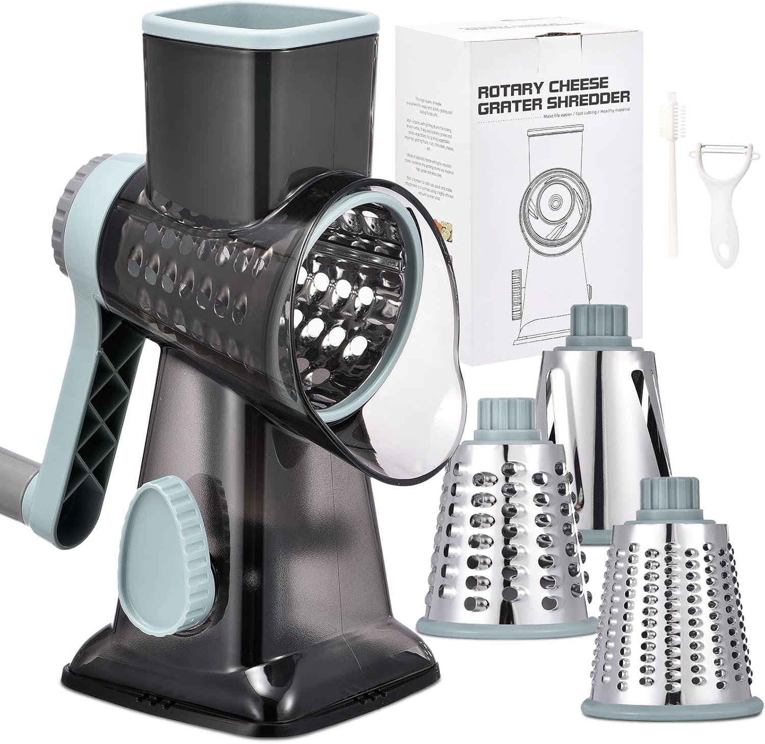 Rotary Cheese Grater with Handle Kitchen Shredder Slicer Grater Slicer Ice Shaver Cheese Vegetable Nuts Potato Zucchini Chocolate 3 Interchangeable Blades (GreyBlue - Image 2