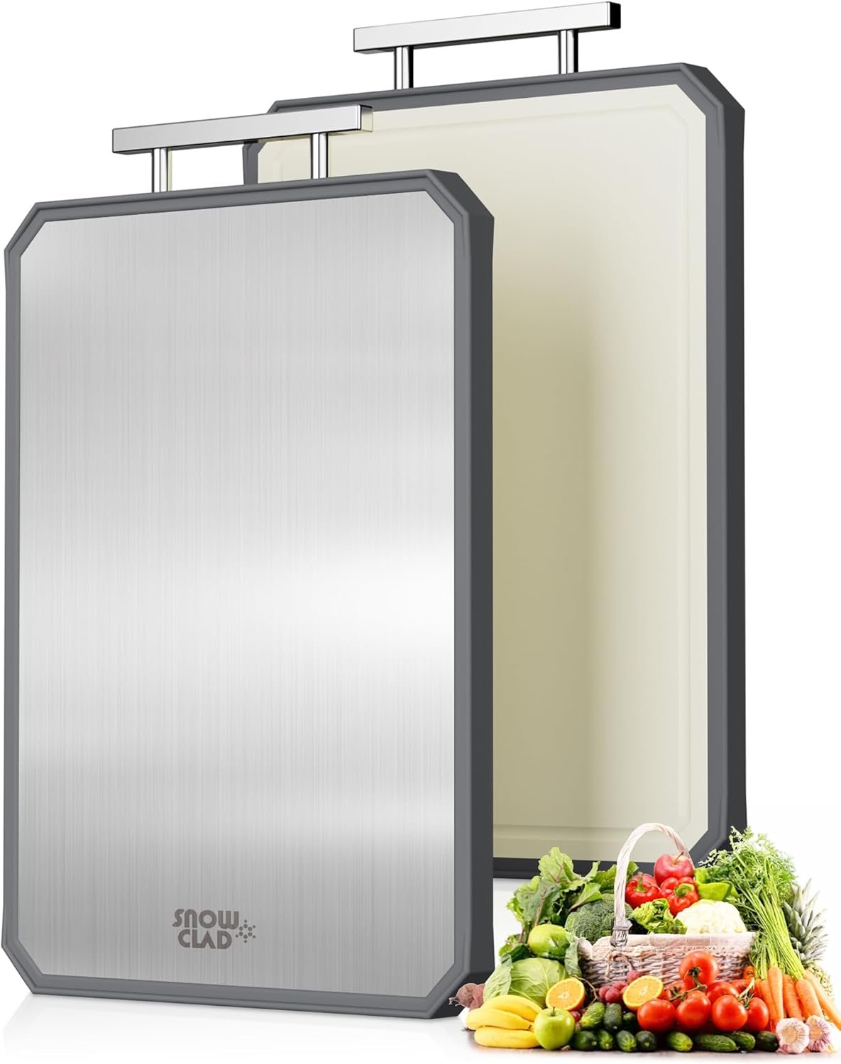 SNOWCLAD Stainless Steel Cutting Board,Double Sided Steel Bread Boards for kitchen,Stainless Steel/Wheat straw pp Large Board for meat,non toxic Chopping,16 * 11 Inch,Dishwasher Safe - Image 2