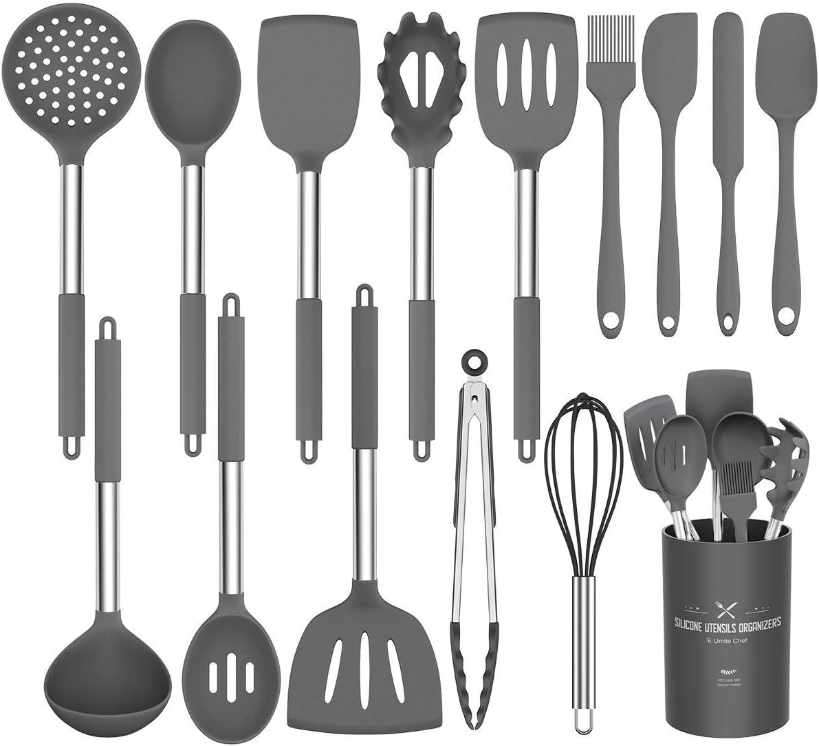 Stainless Steel Kitchen Cooking Utensil Set, Umite Chef 15 pcs Cooking Utensils - Nonstick Kitchen Utensils Cookware Set Spatula Set -Kitchen Gadgets Utensils Set, Kitchen Tools Gift (Gray) - Image 2