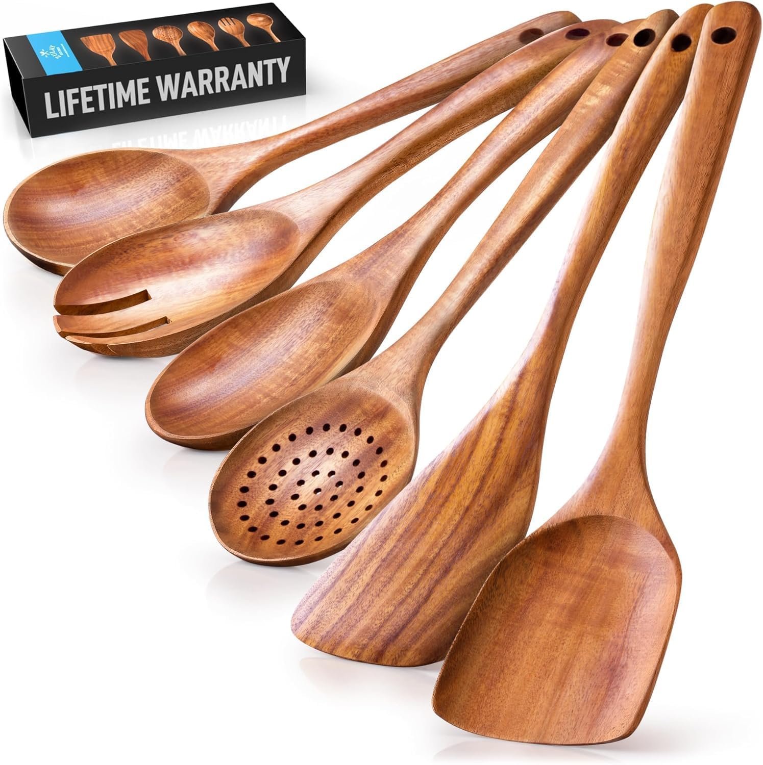 Zulay Kitchen 6-Piece Wooden Spoons for Cooking - Smooth Finish Teak Wood Utensils - Soft Comfort-Grip Cooking Wood Spoons Non-Stick Teak Easy to Clean Utensils Heat Resistant Non-Scratch Spoon Sets - Image 2
