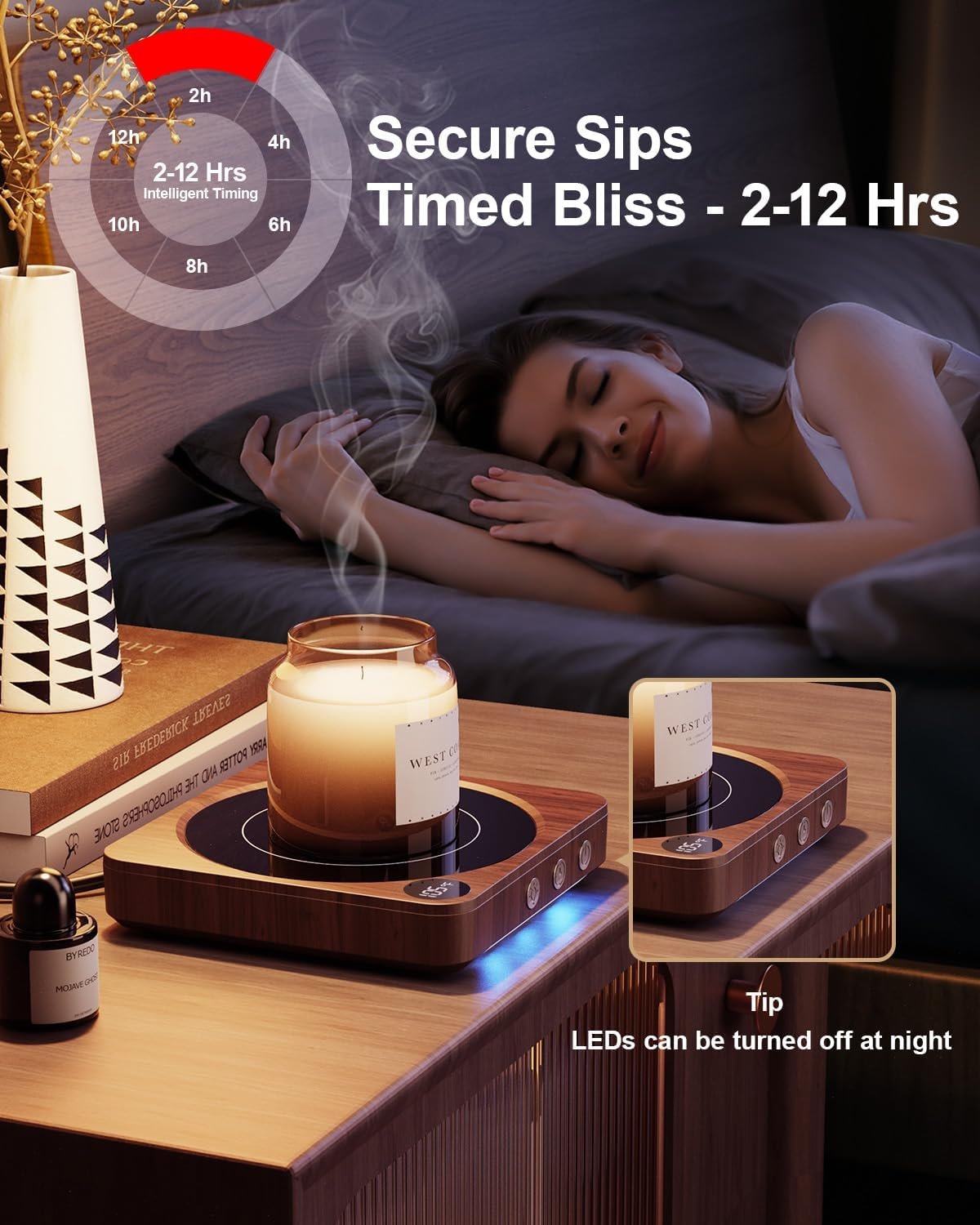 Mug Warmer - 36W Coffee Mug Warmer for Desk with Temperature Display, 2-12Hrs Auto Shut Off, Smart Candle Warmer - Ideal Coffee Gifts Accessories Keep Beverages Coffee Warmer (Wood) (Wood) - Image 6