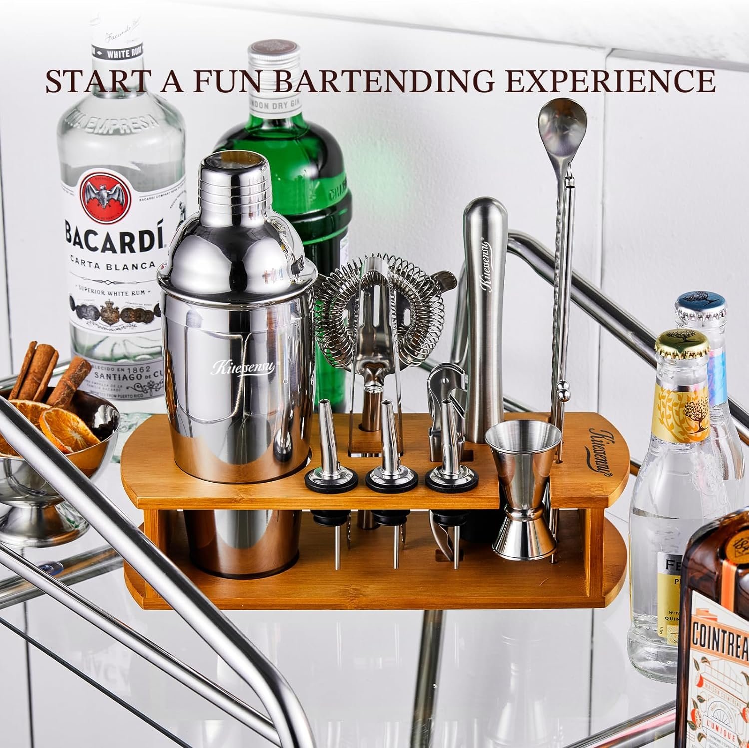 KITESSENSU Cocktail Shaker Set Bartender Kit with Stand | Bar Set Drink Mixer Set with All Essential Accessory Tools: Martini Shaker, Jigger, Strainer, Mixer Spoon, Muddler, Liquor Pourers |Silver - Image 5