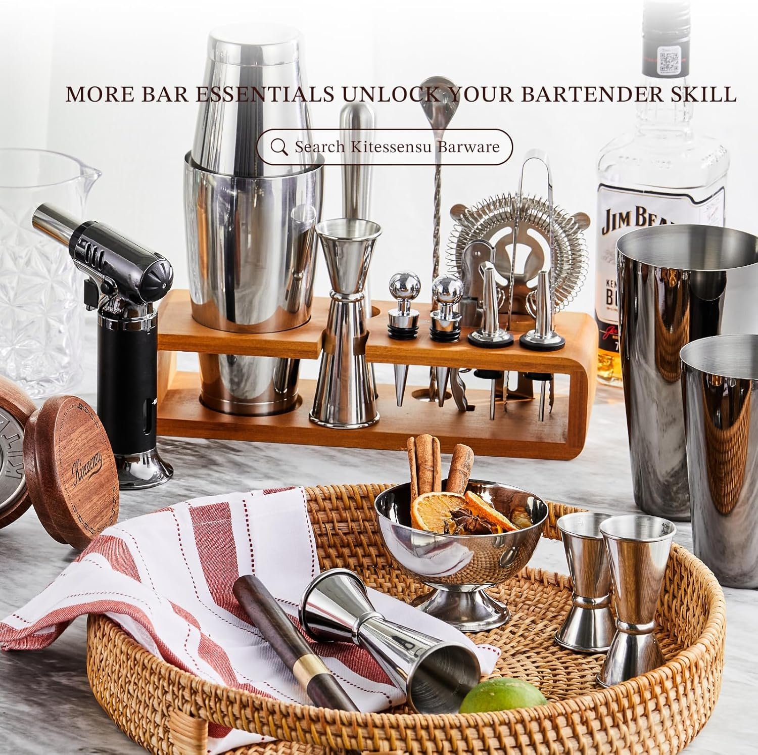 KITESSENSU Cocktail Shaker Set Bartender Kit with Stand | Bar Set Drink Mixer Set with All Essential Accessory Tools: Martini Shaker, Jigger, Strainer, Mixer Spoon, Muddler, Liquor Pourers |Silver - Image 7